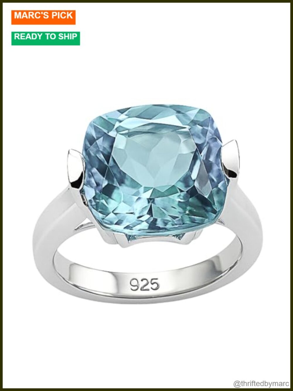 12mm Blue Topaz Cushion Cut Statement Ring 925 Solid Sterling Silver